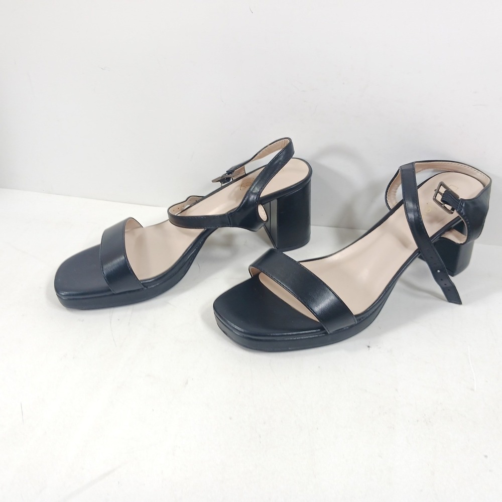 Dumjey Black Block Heel Sandals Ankle Strap Square Toe Size 9.5 Womens Shoes - Picture 5 of 9